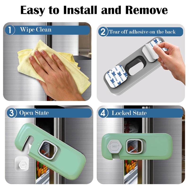 Wilbeva Fridge Locks with Self Adhesive, Refrigerator Latch for Kids, Toddlers and Children, Child & Baby Proofing Freezer Door Lock for, Cabinets and Drawers, Oven, Windows (Green-2pack) - Image 5